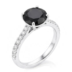 Bague de fiançailles solitaire diamant noir naturel rond pavé 5 carats en Or Blanc 14 carats