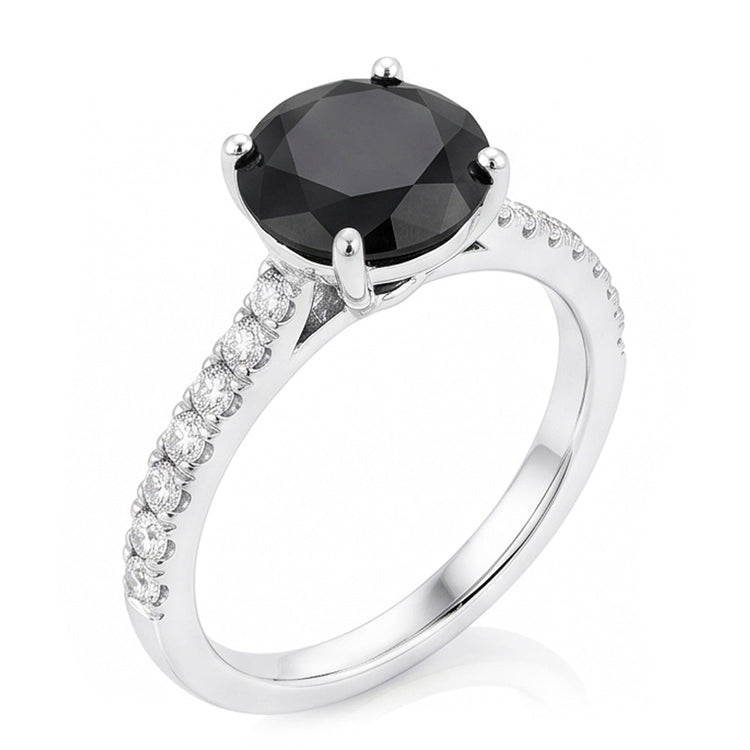 Bague de fiançailles solitaire diamant noir naturel rond pavé 5 carats en Or Blanc 14 carats