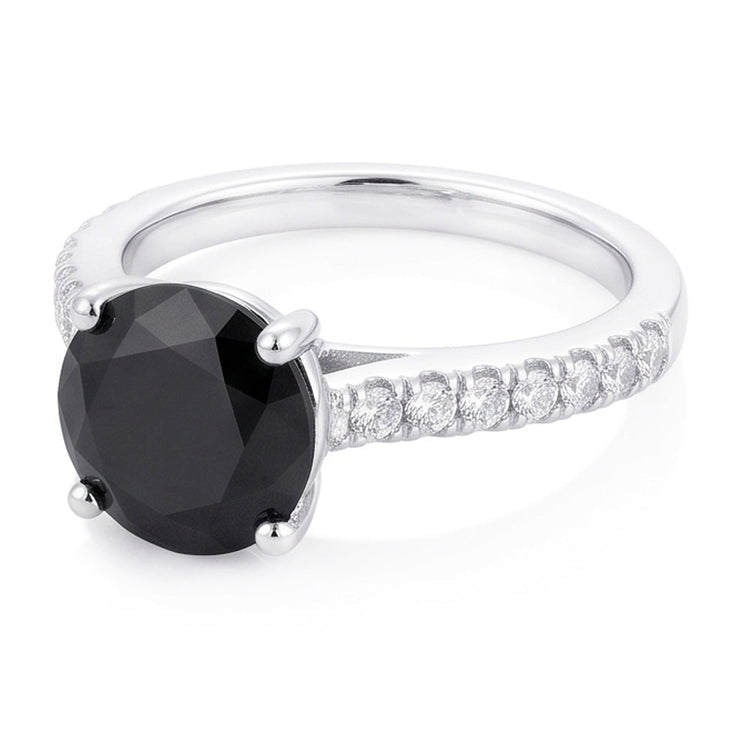 Bague de Fiançailles Solitaire Diamant Noir Naturel Rond 5 Carats Pavé Or Blanc 14 Carats