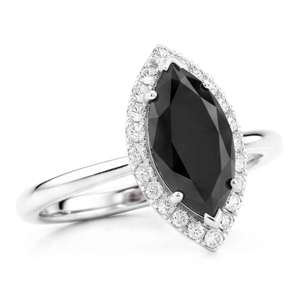 Bague en diamant noir véritable 11 carats taille marquise Halo en Or Blanc 14 carats
