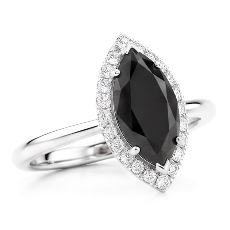 Bague en Diamant Noir Véritable 11 Carats Halo Marquise en Or Blanc 14 Carats
