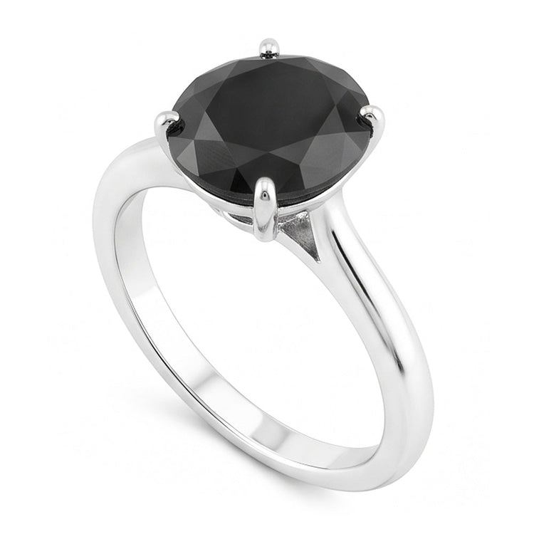Bague Solitaire Diamant Noir Naturel Rond 3,5 Carats Anneau Biseauté en Or Blanc 14 Carats
