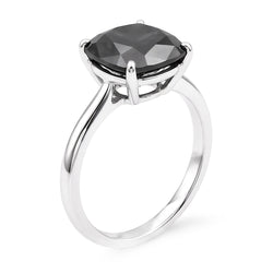 Bague Solitaire Diamant Noir Naturel Taille Coussin 3,75 Carats en Or Blanc 14 Carats