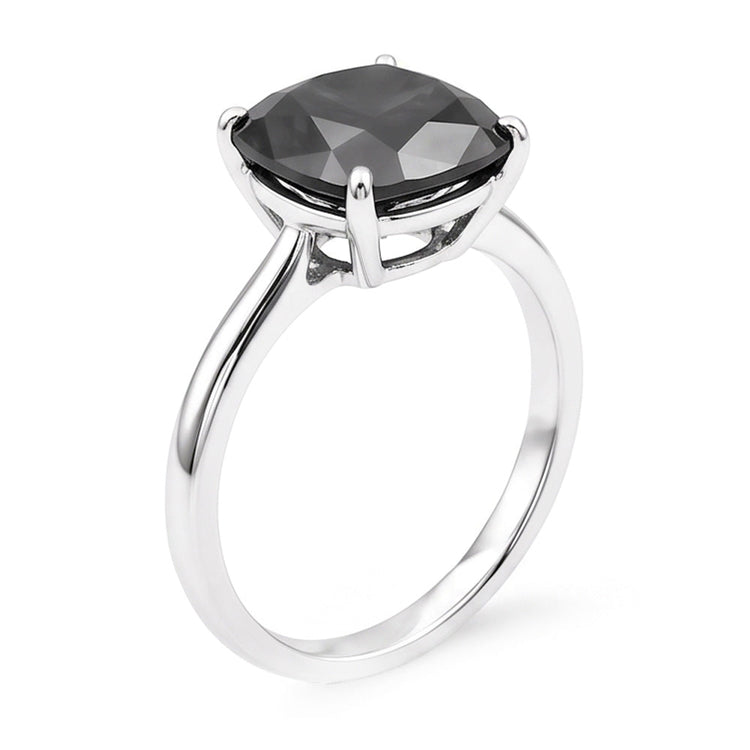 Bague Solitaire Diamant Noir Naturel Taille Coussin 3,75 Carats en Or Blanc 14 Carats