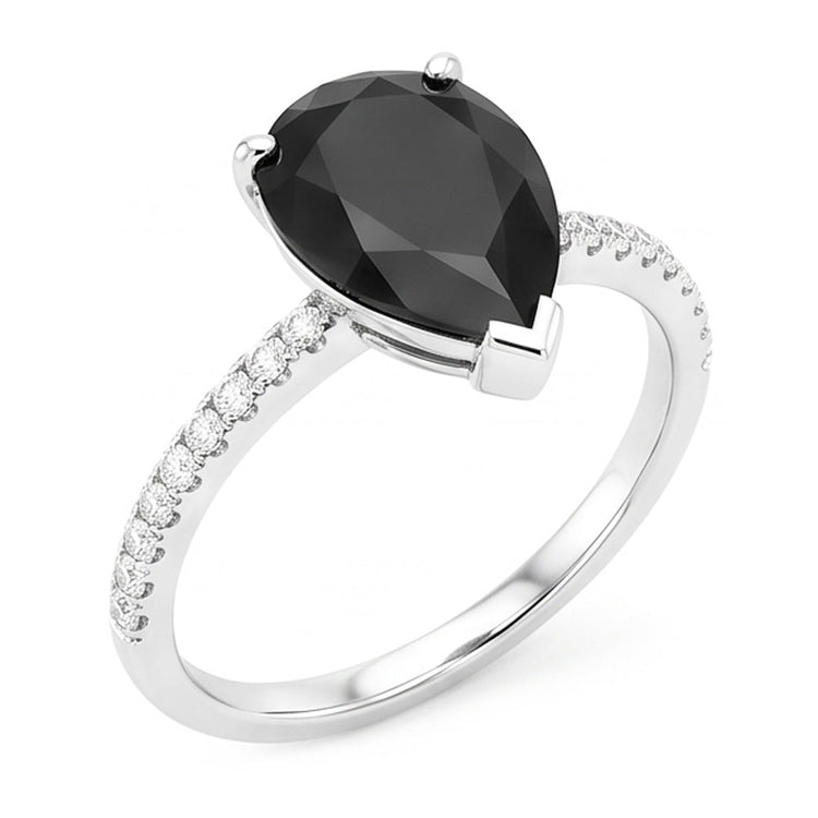 Bague Solitaire Diamant Noir Naturel Taille Poire 5 Carats Pavée en Or Blanc 14 Carats