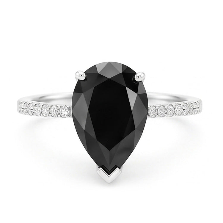 Bague Solitaire Pavée Diamant Noir Naturel 5 Carats Taille Poire en Or Blanc 14 Carats