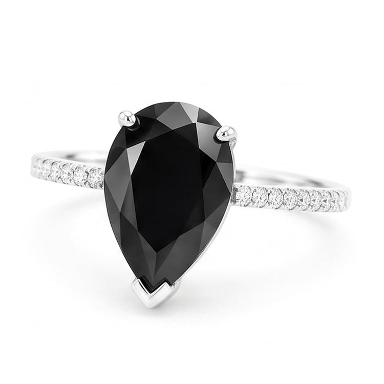 Bague Solitaire Pavée Diamant Noir Naturel 5 Carats Taille Poire en Or Blanc 14 Carats