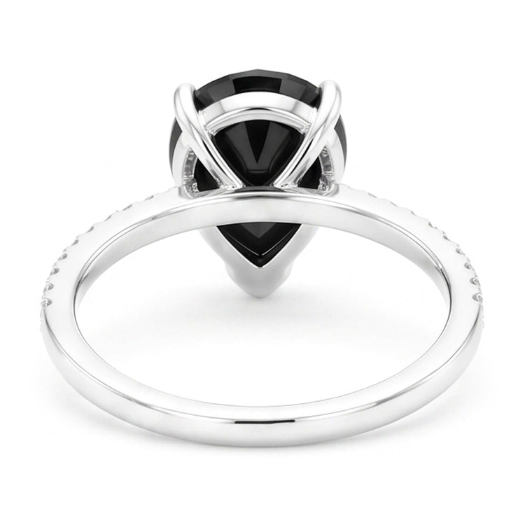 Bague Solitaire Diamant Noir Naturel Taille Poire 5 Carats Pavée en Or Blanc 14 Carats
