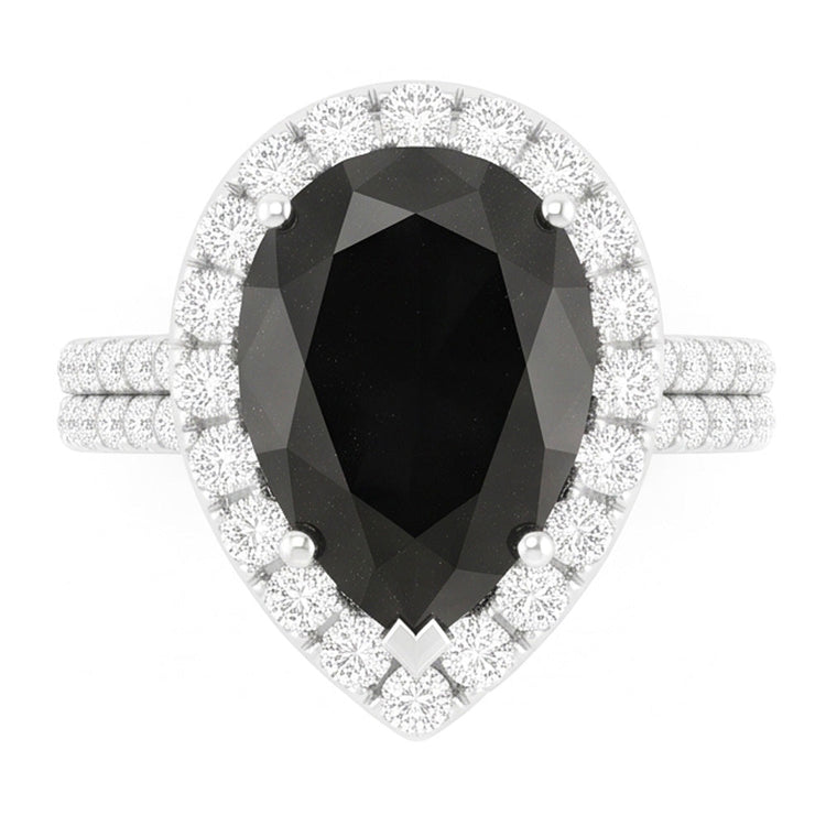 Bague Halo en diamant noir naturel taille poire 6 carats en Or Blanc 14 carats