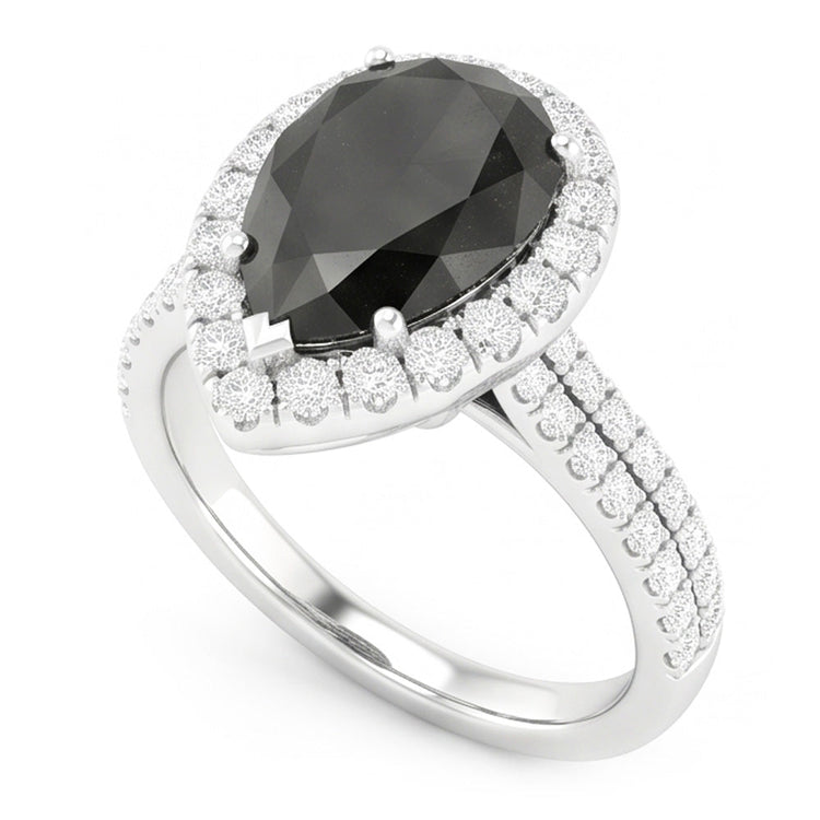 Bague Halo en diamant noir naturel taille poire 6 carats en Or Blanc 14 carats