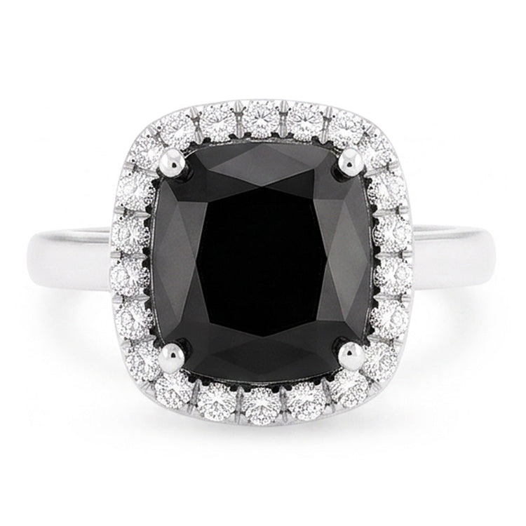 Bague de Fiançailles Noire avec Diamant Radiant Véritable de 10 Carats et Halo en Or Blanc 14 Carats
