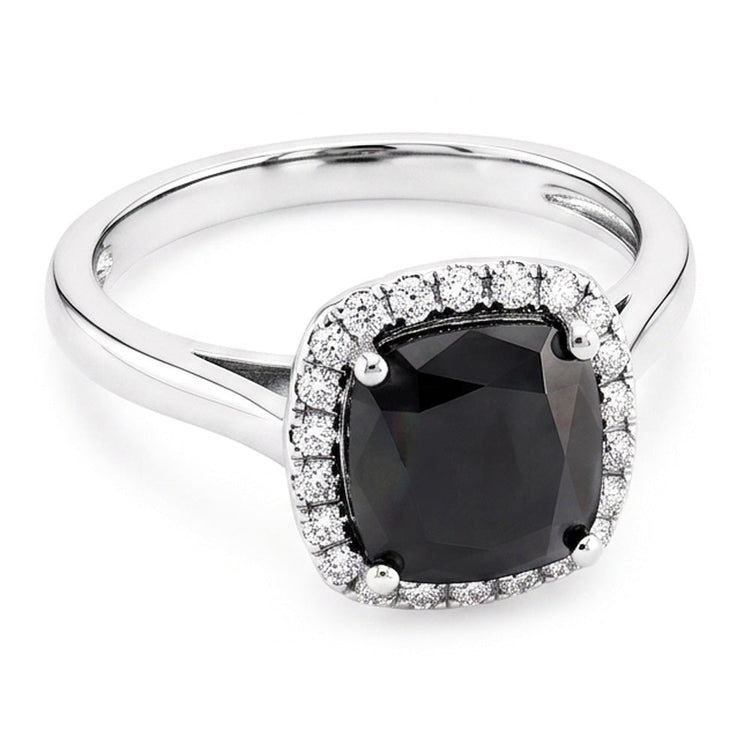 Bague de Fiançailles Noire avec Diamant Radiant Véritable de 10 Carats et Halo en Or Blanc 14 Carats