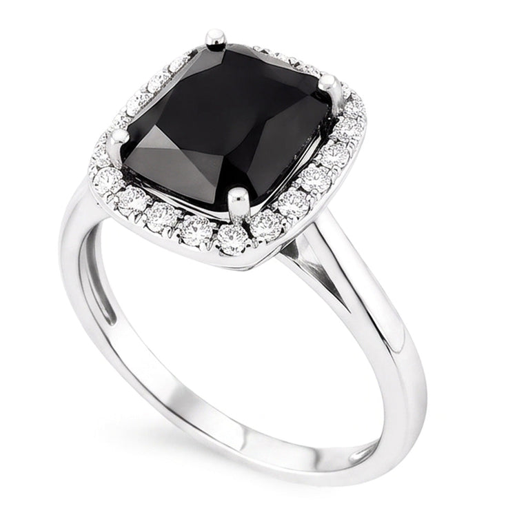 Bague de Fiançailles Noire avec Diamant Radiant Véritable de 10 Carats et Halo en Or Blanc 14 Carats