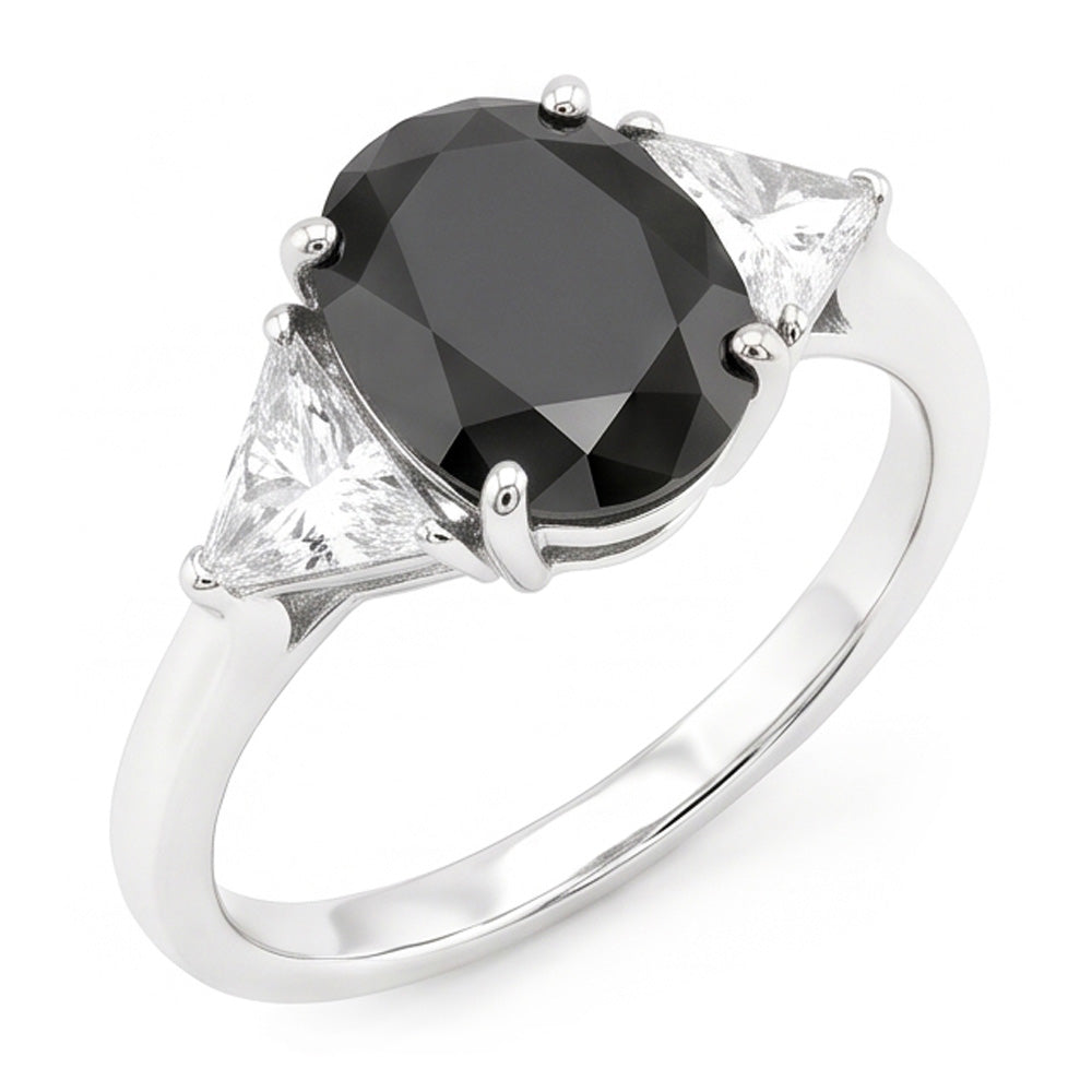 Bague de Fiançailles Noire pour Femme Diamant Ovale Naturel 3,6 Carats Trois Pierres Trilliant Or Blanc 14 Carats