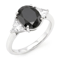 Bague de Fiançailles Noire pour Femme Diamant Ovale Naturel 3,6 Carats Trois Pierres Trilliant Or Blanc 14 Carats