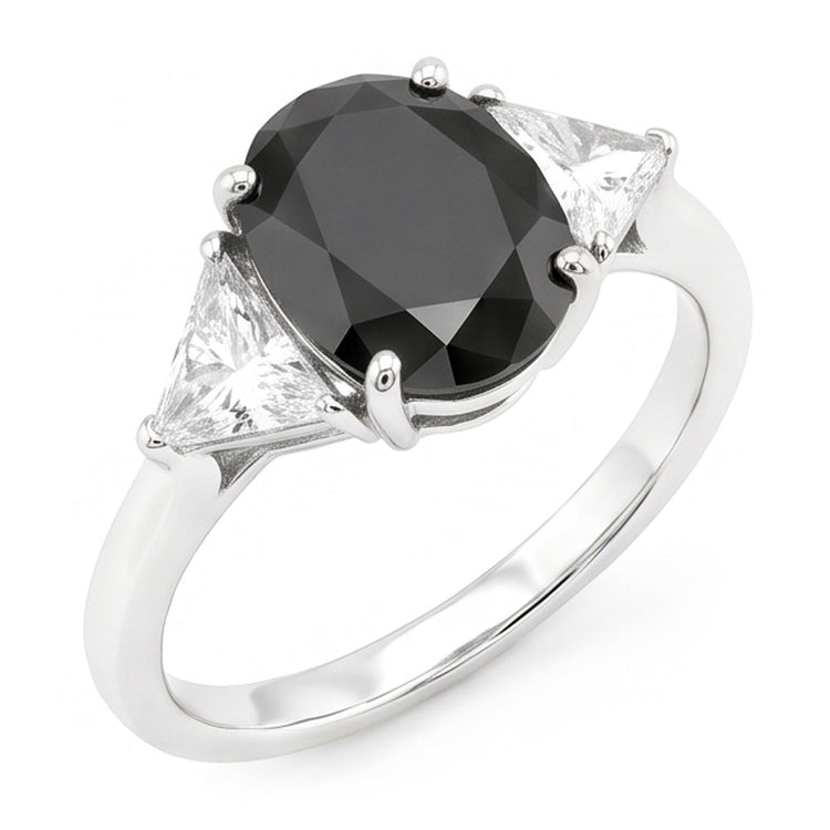 Bague de Fiançailles Noire pour Femme avec Diamant Naturel Ovale 3,6 Carats Trois Pierres Trilliant en Or Blanc 14 Carats