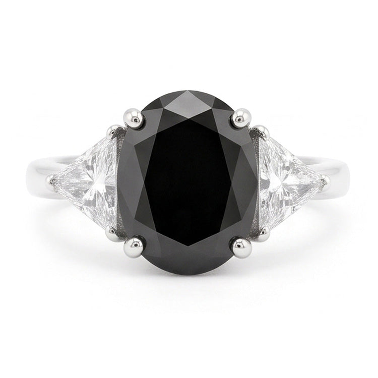 Bague de Fiançailles Noire pour Femme Diamant Ovale Naturel 3,6 Carats Trois Pierres Trilliant Or Blanc 14 Carats