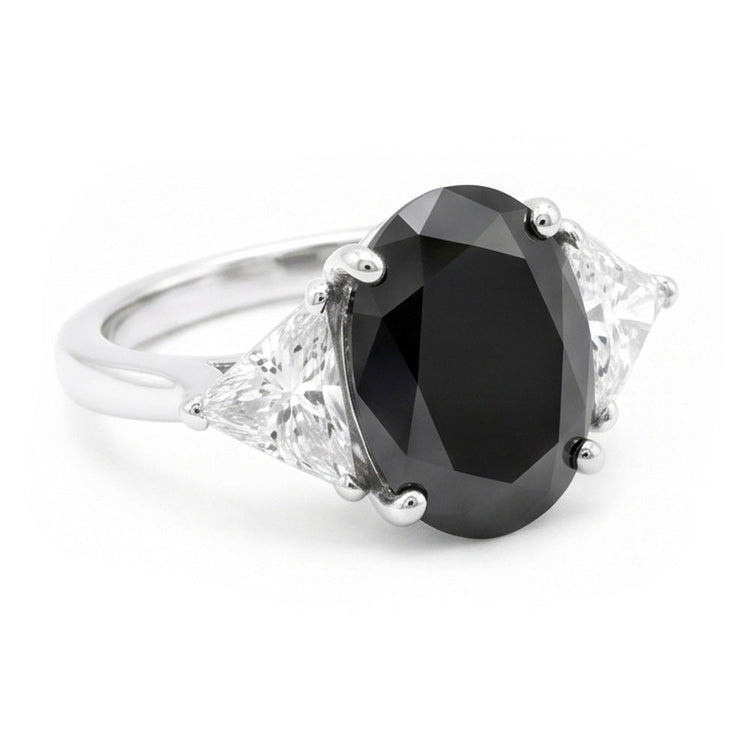 Bague de Fiançailles Noire pour Femme Diamant Ovale Naturel 3,6 Carats Trois Pierres Trilliant Or Blanc 14 Carats