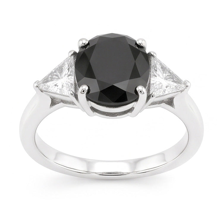 Bague de Fiançailles Noire pour Femme Diamant Ovale Naturel 3,6 Carats Trois Pierres Trilliant Or Blanc 14 Carats