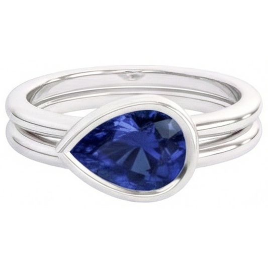 Taille Poire Saphir Bleu Bleuet bague en Or Blanc 14 Carats – vue de face