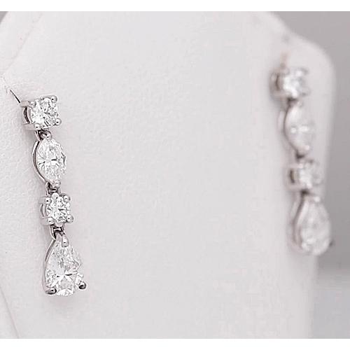 Boucle D'Oreille Pendante Authentique Diamant Poire Ronde Marquise Or Blanc 14K