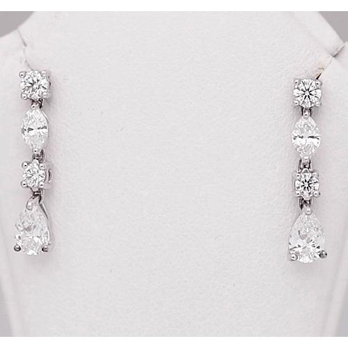 Boucle D'Oreille Pendante Authentique Diamant Poire Ronde Marquise 4.50 Carats Or Blanc 14K