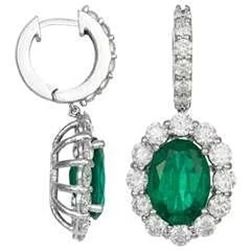 Boucle D'Oreille Pendante Emeraude Vert Ovale 10.50 Carats Or Blanc 14K