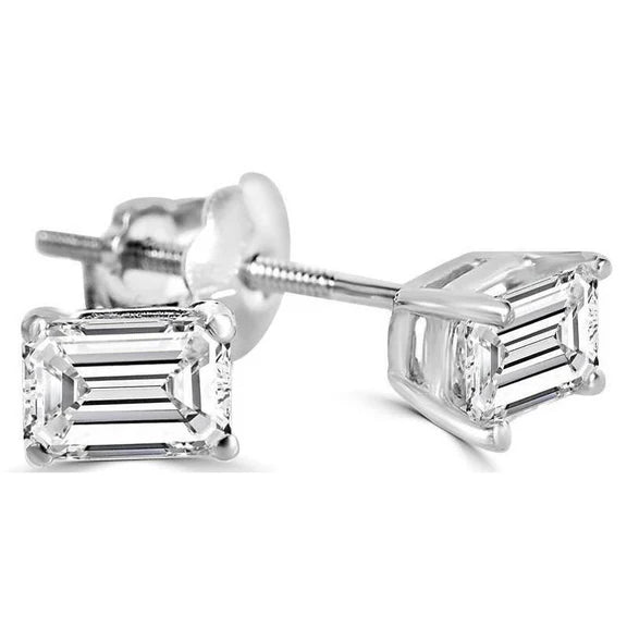 Boucle D'oreille Réel Diamant Solitaire Taille Emeraude 2 Carats Or Blanc
