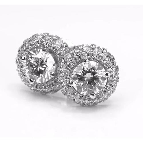 Boucle d'oreille Authentique diamant rond style halo 2.50 carats or blanc 14K
