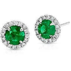 Boucle d'oreille ronde émeraude Vert avec halo de diamants en or blanc 8.50 ct