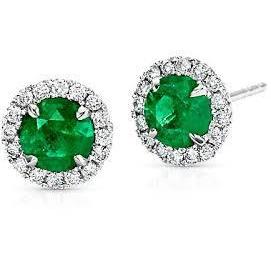 Boucle d'oreille ronde émeraude Vert avec halo de diamants en or blanc 8.50 ct