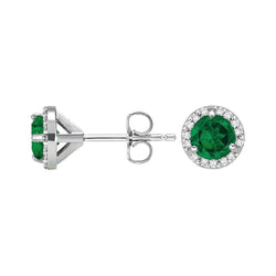 Boucle d'oreille ronde émeraude Vert avec halo de diamants or blanc 3.70 carats 14K