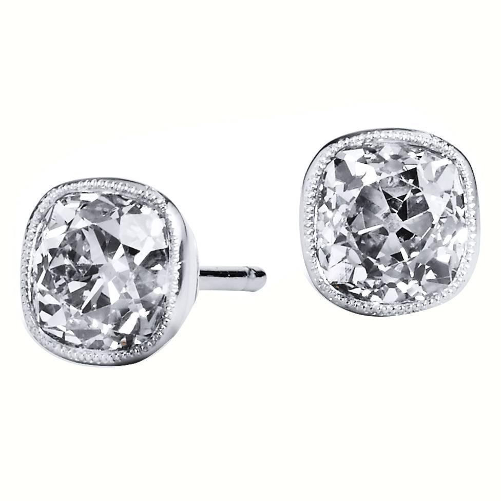 Boucles D'Oreilles Clous D'Oreilles Réel Diamants Taille Ancienne Mine 4 Carats Sertis Clos En Or Blanc 14 Carats