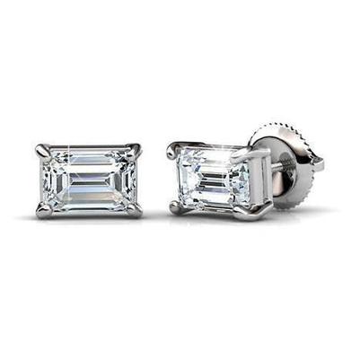 Boucles D'Oreilles Clous D'Oreilles Réel Diamants Taille Emeraude 3 Carats Or Blanc 14K