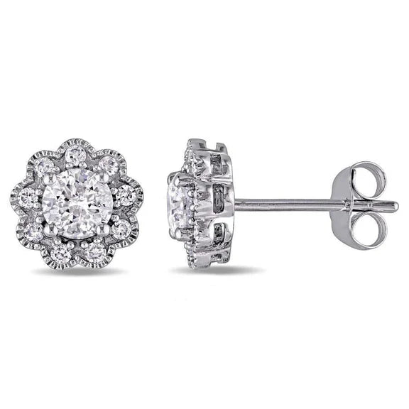 Boucles D'Oreilles Clous Femme 3.20 Carats Réel Diamants Coupe Ronde Pavé Halo Or 14K