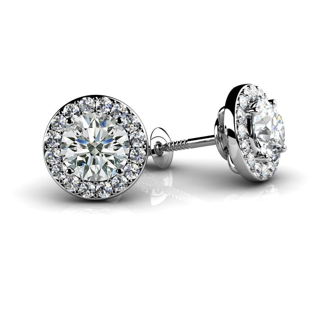 Boucles D'Oreilles Clous Halo Véritable Diamant Rond Scintillant Or Blanc 3.50 Carats 14K