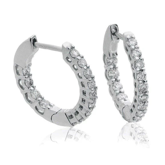 Boucles D'Oreilles Créoles Dames En Or Blanc 14K Coupe Ronde Réel Diamants 2.85 Ct