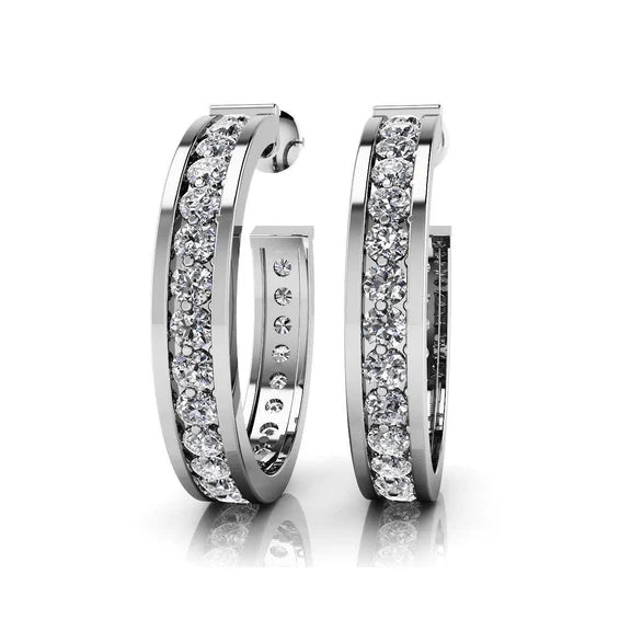 Boucles D'Oreilles Créoles Pour Femmes Avec Réel Diamants Ronds Sertis En Or Blanc 14K De 4 Carats