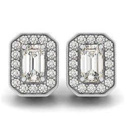Boucles D'Oreilles En Or Blanc 14K Avec Emeraude Et Réel Diamants Ronds 2 Carats Halo