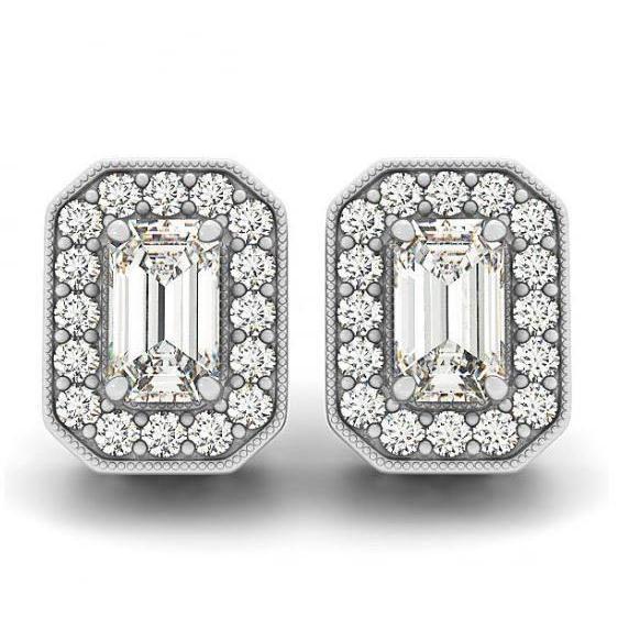 Boucles D'Oreilles En Or Blanc 14K Avec Emeraude Et Réel Diamants Ronds 2 Carats Halo
