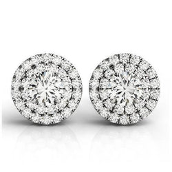 Boucles D'Oreilles Femme Double Halo Véritable Diamant Rond Or 2.10 Carats 14K