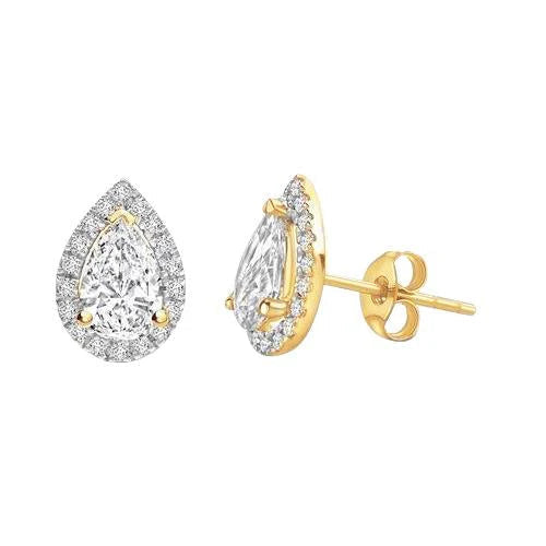 Boucles D'Oreilles Femme Halo Poire & Réel Diamant Rond 3.30 Ct. Or Jaune 14K