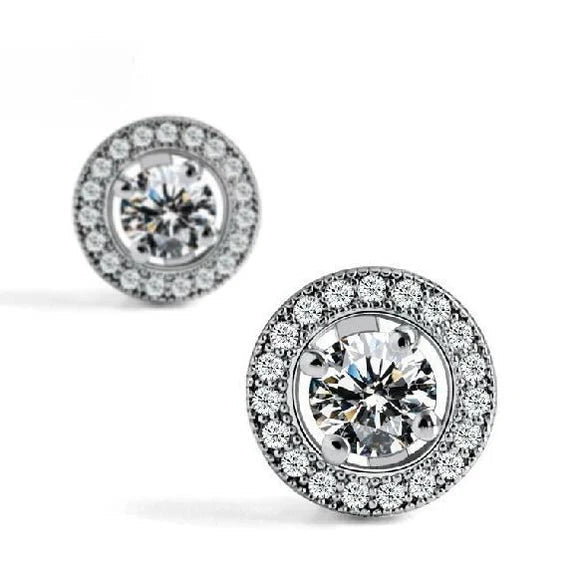 Boucles D'Oreilles Halo De Réel Diamants Ronds Etincelants En Or 1.60 Carat Blanc 14K