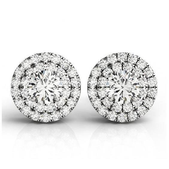 Boucles D'Oreilles Halo Paire de Clous Ronds Réel Diamants Centre Rond 2 Carats Or