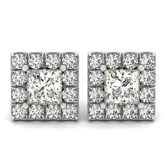 Boucles D'Oreilles Halo Princesse Et Réel Diamant Rond 2.50 Carats Or Blanc 14K