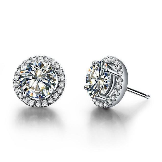 Boucles D'Oreilles Naturel Diamant Rond Scintillant 2.44 Carats Et Halo En Or Blanc 14K