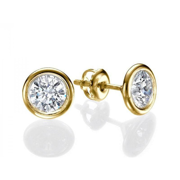 Boucles D'Oreilles Naturel Diamant Solitaire Rond 2 Carats Or Jaune 14K