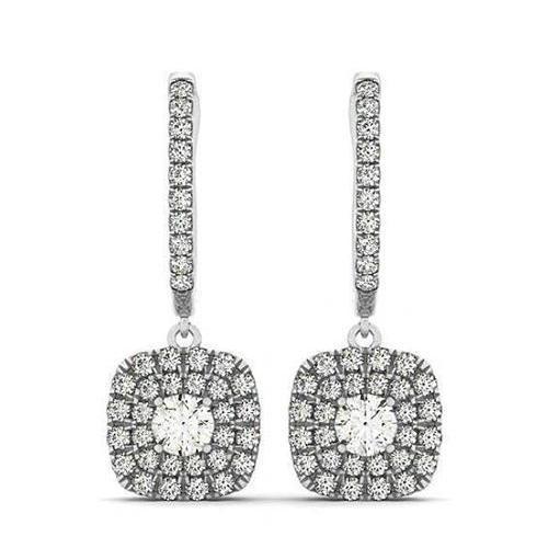 Boucles D'Oreilles Pendantes Halo De Réel Diamants Ronds Etincelants De 2.50 Carats En Or Blanc 14K