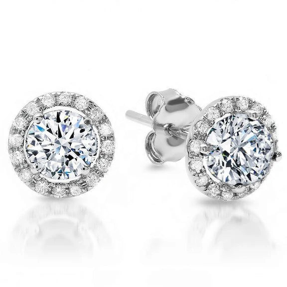 Boucles D'Oreilles Pour Dames Avec Halo De Réel Diamants Coupe Ronde 3.40 Carats En Or Blanc 14K