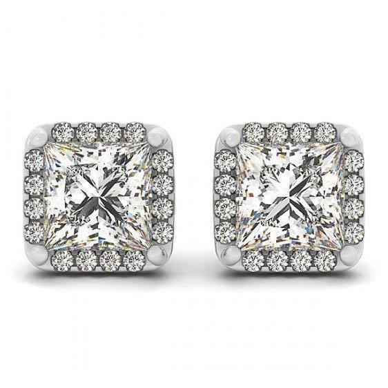 Boucles D'Oreilles Réel Diamants Au Centre De La Princesse 2.50 Carats Halo En Or Blanc 14K